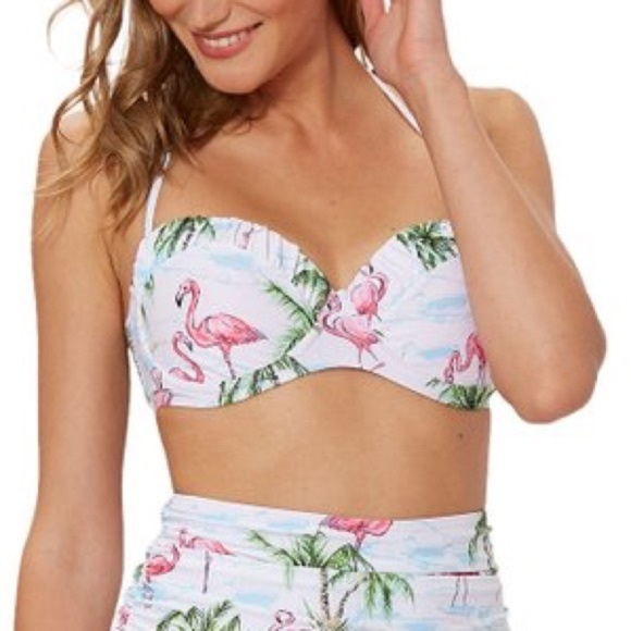 Marilyn Monroe Swim Pushup Ruched 2-Piece Swimsuit Flamingo Print M High Rise - Picture 2 of 11